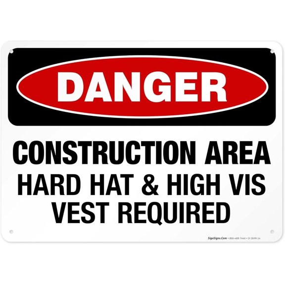 Construction Area Hard Hat & High Vis Vest Required Sign, OSHA Danger Sign, 10x14 Inches, Rust .040 Aluminum, Fade , Indoor/Outdoor Use, Made in