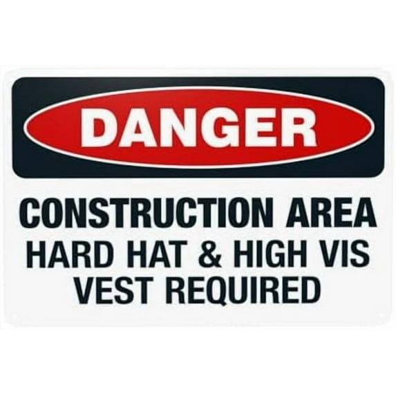 Construction Area Hard Hat And High Vis Vest Required Warning Sign, Metal Signs for Home Business Outdoor Indoor Yard Garage Street Wall Caution Custom Decor 12 x 8 Inch