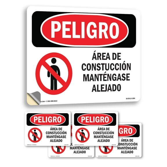 Construction Area Keep Out Spanish OSHA Danger Vinyl Decal Label 7 Inch x 5 Inch - 5 Pack