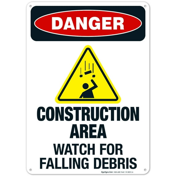 Construction Area Watch For Falling Debris Sign, OSHA Danger Sign, 10x14 Aluminum