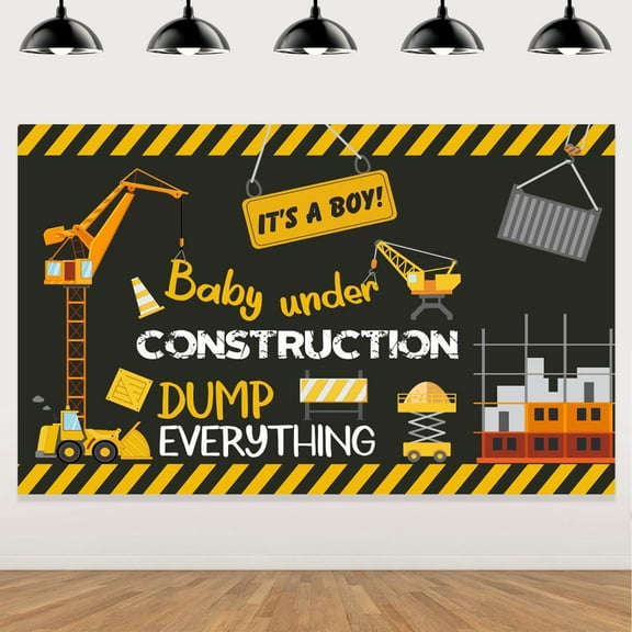 Construction Baby Shower Decoration Banner, Dump Truck Backdrop Background Excavator Crane Dump Truck Digger Zone Photo Booth Props Boys Kids Birthday Baby Shower Decorations