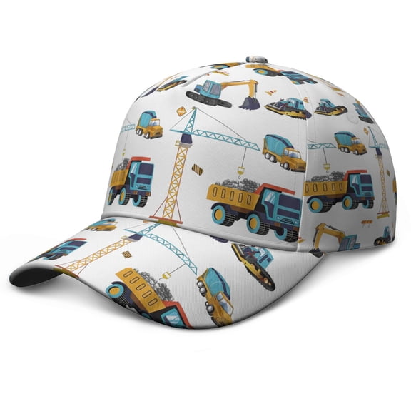 Construction Baseball Cap – Adjustable Dad Hat with Cartoon Car and Truck Print, Comfortable Snapback, Great for Work and Play
