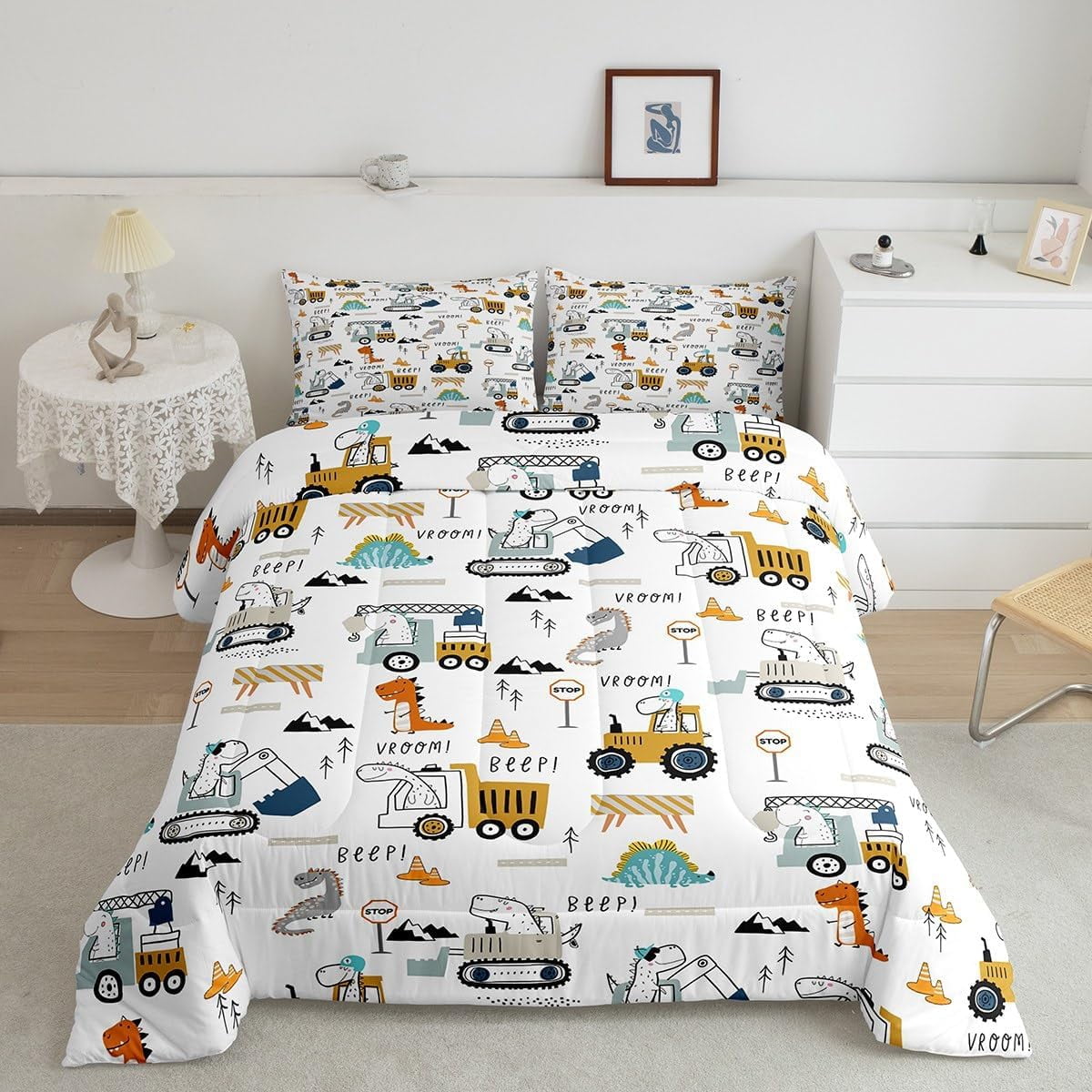 Construction Bedding Set Full Size Equipment Trucks Comforter Set for Kids Boys Girls Decor