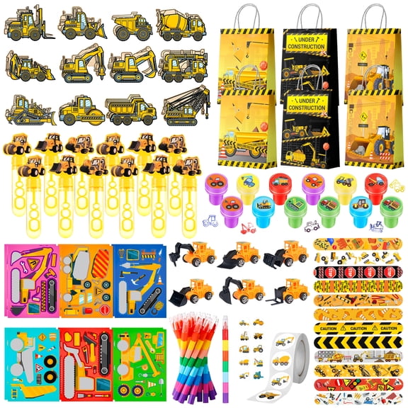 Construction Vehicle Favors,98pcs Construction Truck Party Favors Set Includes Construction Vehicle toys Bubble Wands Stickers Stampers etc Construction Party Favor for Excavator Birthday Decorations