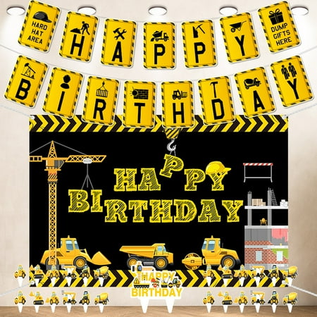 Construction Birthday Party Kit - Backdrop, Banner, Cake Toppers & Centerpiece Decor