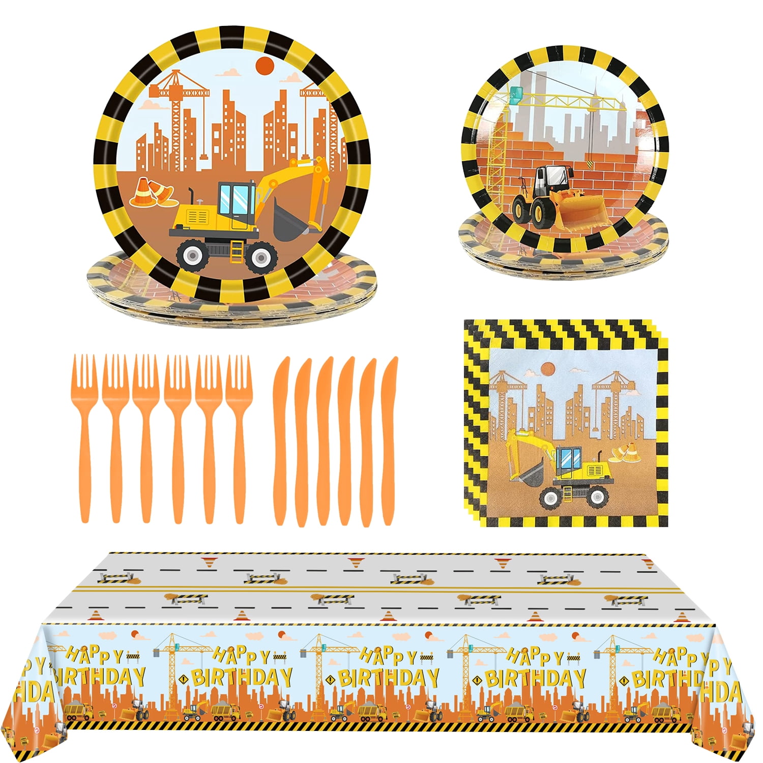 Construction Birthday Party Supplies,145Pcs Construction Birthday Decorations for Boys, Party Tableware Set-Tablecloths,Paper Plates,Napkins,Forks,Knives,Straws, 24 Guests