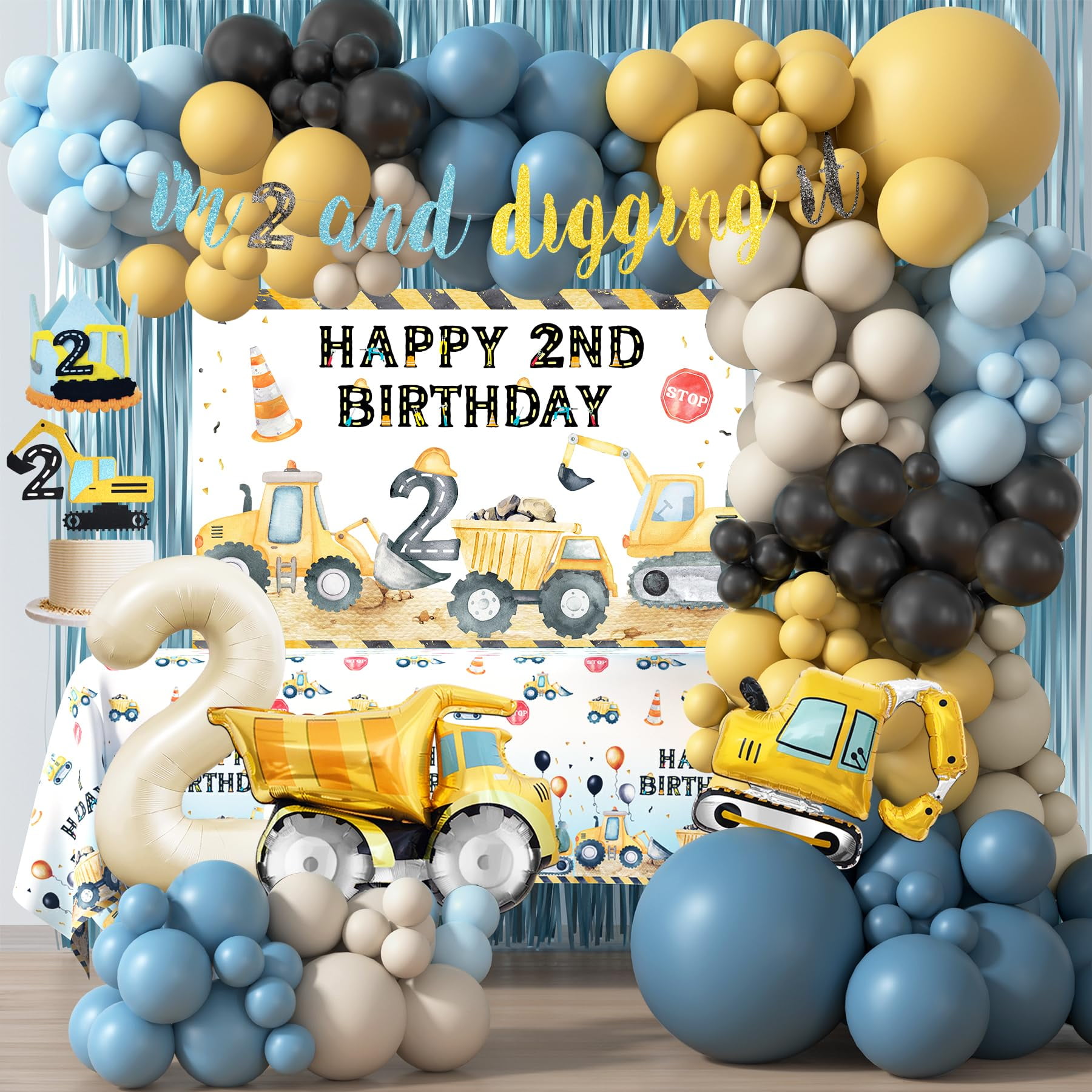 Construction Birthday Party Supplies Kit - Backdrop, Balloon Garland, Tablecloth, Banner For Dump Truck Theme