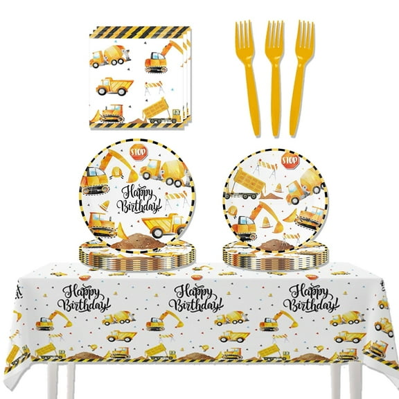 JMOCD 51Pcs Yellow Construction Party Tableware Set, Birthday Party Supplies Decorations Set, Tablecloth,Plates, Napkins,Cutlery,10 Guests