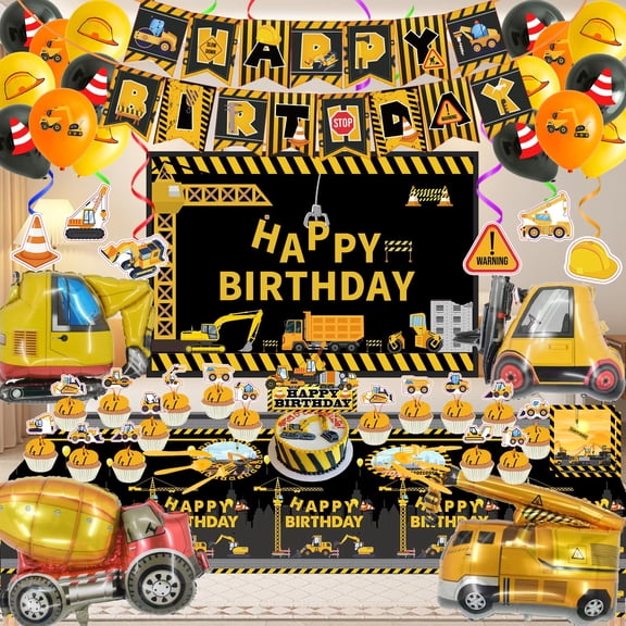 Construction Birthday Party Supplies, Dump Truck Party Decorations Happy Birthday Banner, Backdrop, Tableware Set, Tablecloth, Cake Toppers, Cupcake Toppers, Latex Balloons, Foil balloons Y114