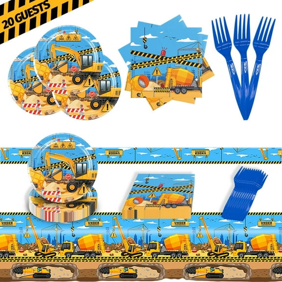 Construction Birthday Party Supplies Truck Birthday Paper Plates and Napkins Sets with Tablecloth Forks for 20 Guests Disposable Party Dessert Dinnerware Construction Decor