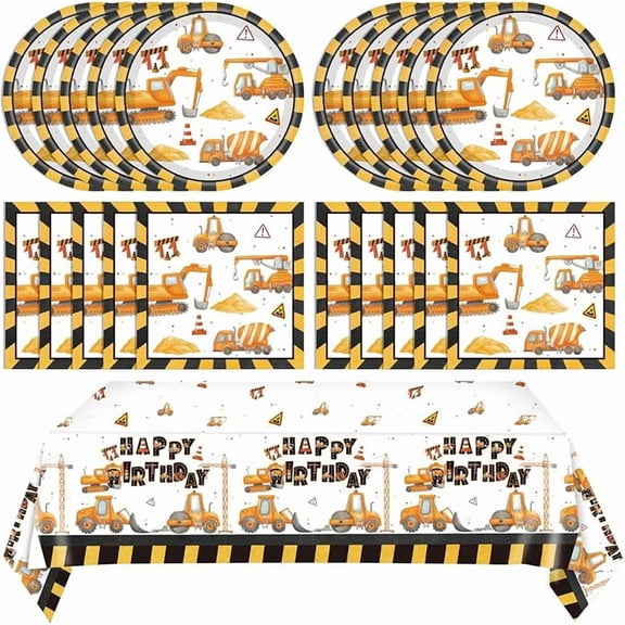 Construction Birthday Tableware Set with Plates Napkins and Tablecloth Serves 20