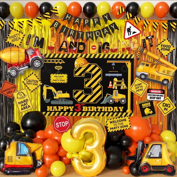 Construction Boys 3 Year Old Boy Birthday Decorations 3rd And Digging It Tractor Truck Birthday Party Supplies with Arch Kit Garland Balloons Signs Third Backdrop Banners (Construction) Y102
