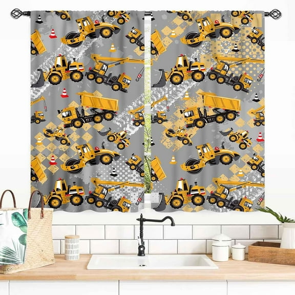 Construction Boys Curtains, Kids Teens Girls Cartoon Vehicle Truck Tractor Excavator Cars Gray Yellow Blackout Window Treatments Drapery for Bedroom Living Room Nursery 2 Panels Set, 27.5x36 Inch