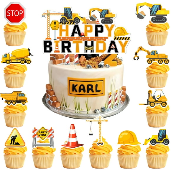 Construction Cake Decorations,13pcs Construction Cake Toppers Set Includes 1 Construction Birthday Cake Topper & 12 Construction Cupcake Toppers, for Kids Construction Birthday Decorations Supplies
