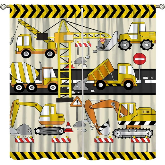 Construction Car Blackout Curtains for Boy Girl Room, Yellow Cartoon Bulldozer Tractor Excavator Bedroom Living Room Home Rod Pocket Window Drapes 2 Panel,42x63 Inch