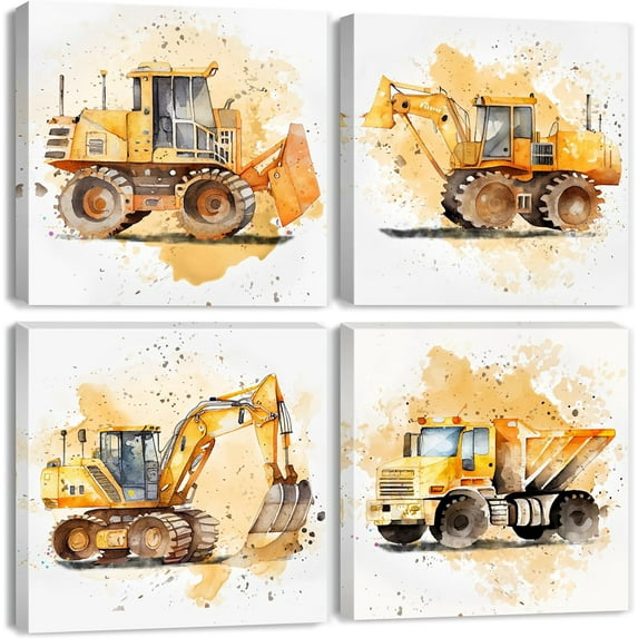 Construction Car Wall Art Boys Room Decor Truck Tractor Digger Canvas Print Pictures Construction Theme Posters Watercolor Vehicle Paintings Artwork for Bedroom Toddler Artwork Decorations 14x14 4Pcs