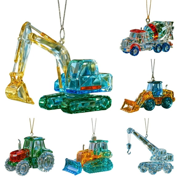 Construction Christmas Ornament Set for Tree & Wall Display, 6-Pieces Acrylic Heavy Duty Truck Decoration, Flat 2D Construction Vehicle Ornaments with Glossy Finish and Durable Hanging Design