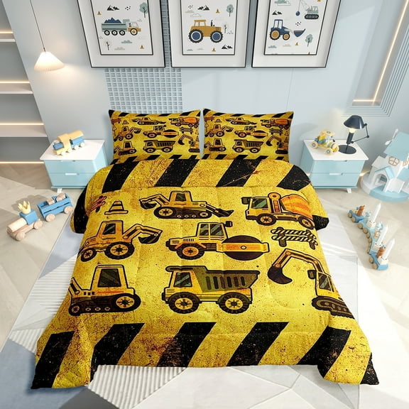 Construction Comforter Set King, Cartoon Car Down Comforter, Cartoon Machinery Truck Bedding Set, Yellow Tractor Excavator Super Soft Comforter Teens, Car Theme Room