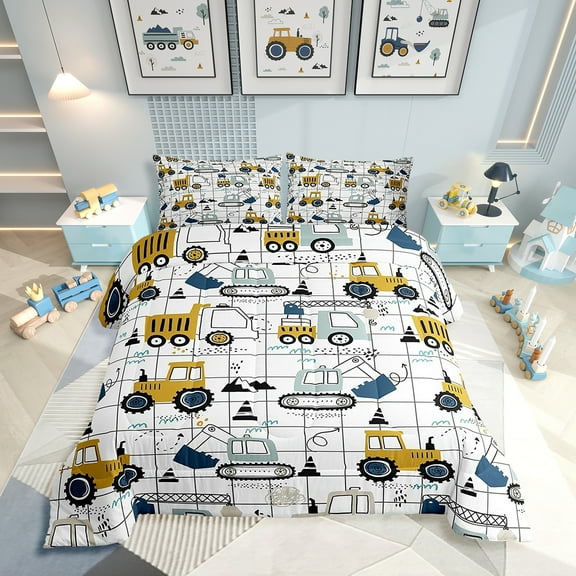Construction Comforter Set Twin Size Excavator Tractor Twin Comforter Cartoon Car Equipment Trucks Plaid Grid Comforter Set Construction Vehicles White Yellow Duvet Set