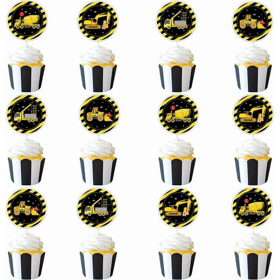 Construction Cupcake Toppers 24 PCS Yellow and Black Construction Birthday Decorations Construction Cake Decorations Construction Cake Toppers for Construction Baby Shower Theme Zone Party Supplies