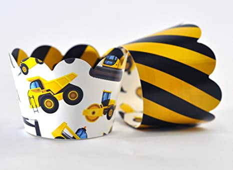 Construction Cupcake Wrappers for Kids birthday party supplies, Dig It parties, Builder parties. Set of 24 Reversible caution zone design to dump truck equipment print Scalloped Cup Cake hol