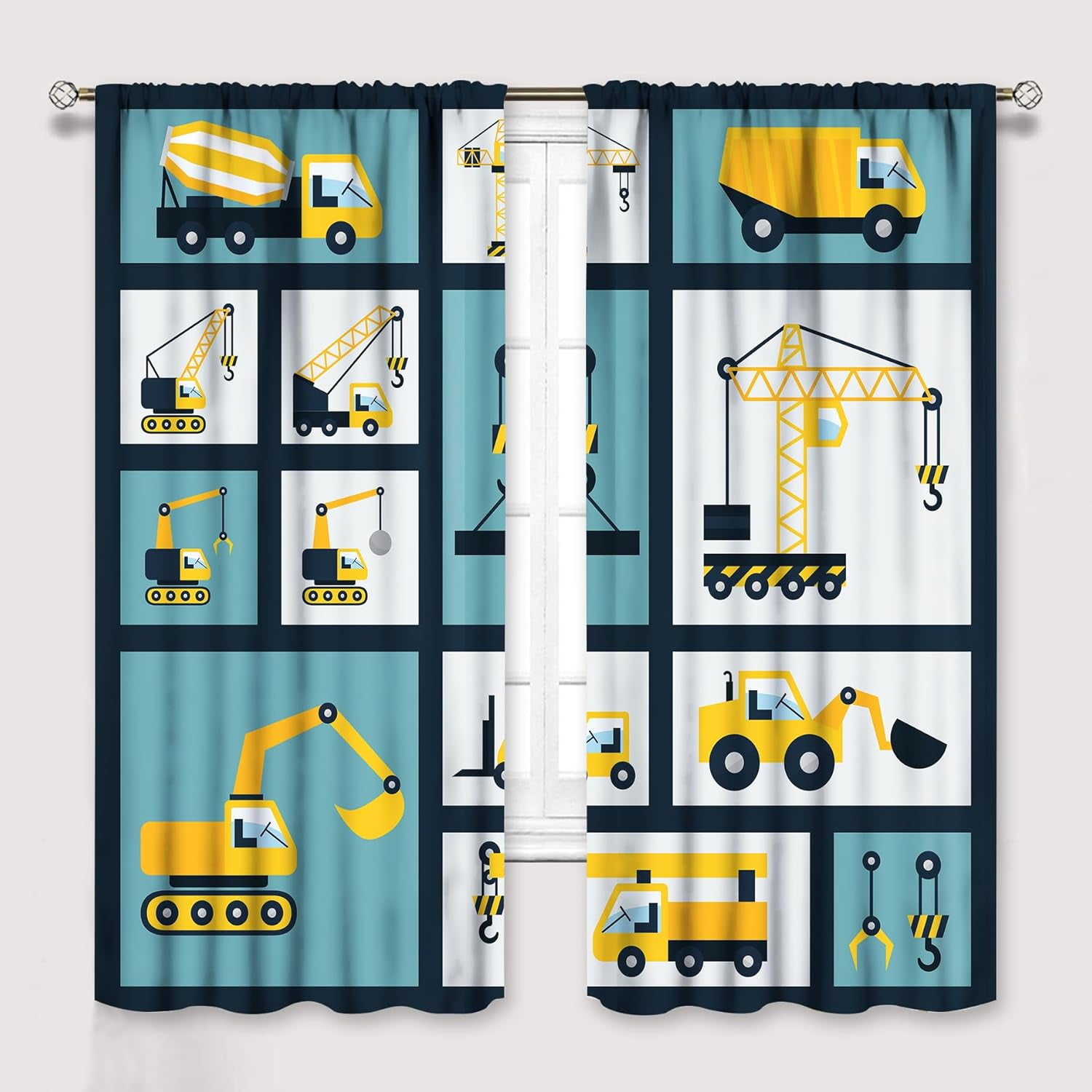 Kids Construction Equipment Curtains, Excavator Tractor Tow