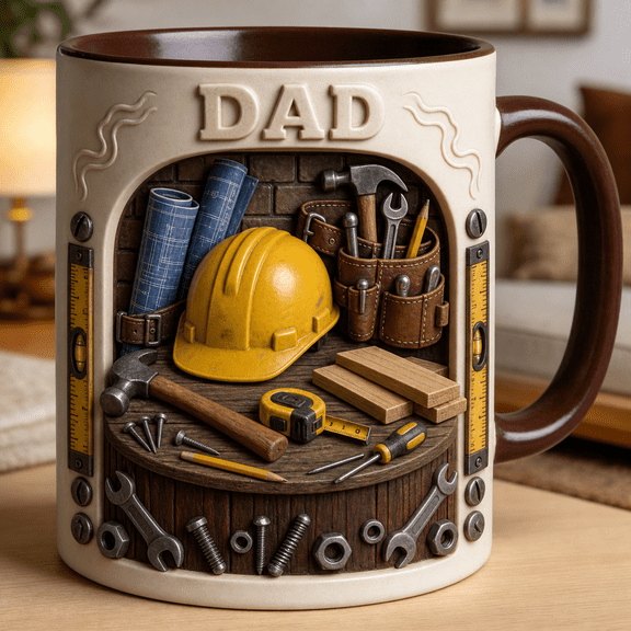 Construction Dad Accent Mug, Hard Hat Blueprint Tool Belt Father’s Day Gift for Dad
