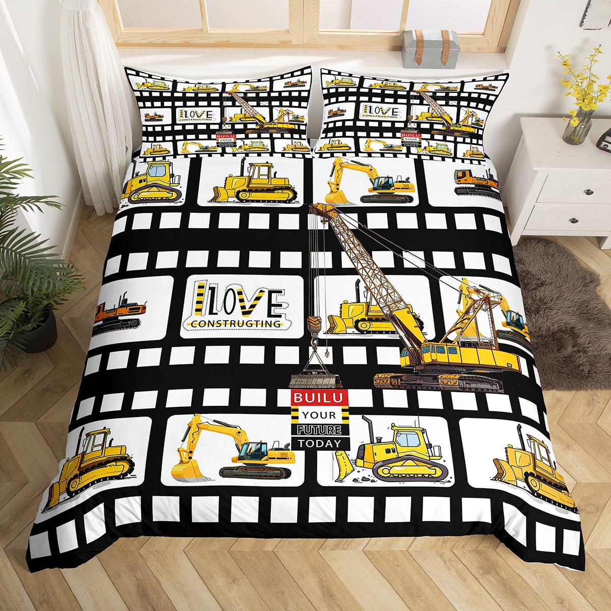 Construction Duvet Cover Set Excavator Toddler Bedding Sets for Boys