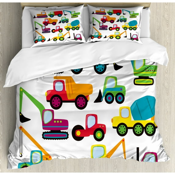 Construction Duvet Cover Set King Size, Cute Style Vehicles and Heavy Equipment Forklift Earthmover Excavator Mixer, Decorative 3 Piece Bedding Set with 2 Pillow Shams, Multicolor, by Ambesonne
