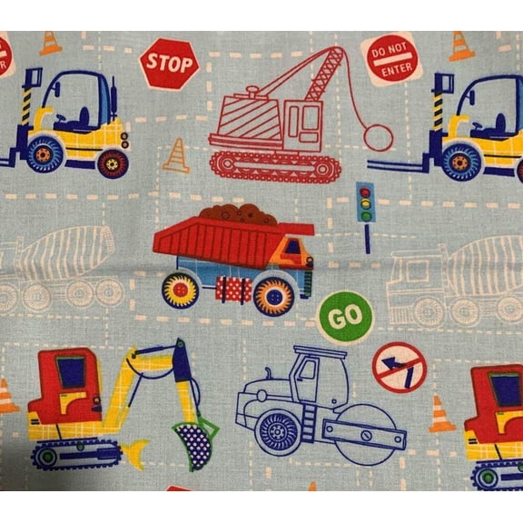 Construction Equipment Light Blue Cotton Fabric