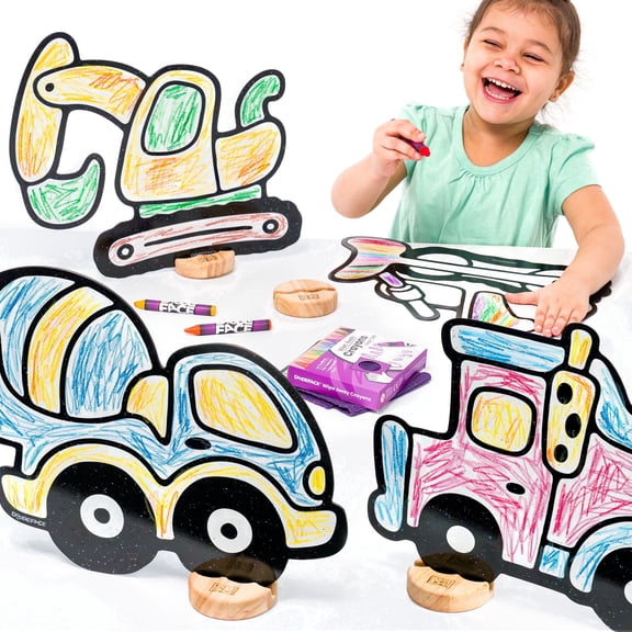 Construction Equipment Toy Set for Kids: Color, Play, and Wipe Away with Crayons and Eraser. Educational Reusable Coloring Toy with Excavator, Bulldozer, Dump Truck, Cement Mixer.
