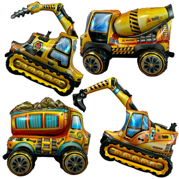 Construction Equipment and Trucks 4 PC | Kids Birthday Party Supplies and Decorations | Dump Truck Bulldozer Crane Cement Concrete Excavator