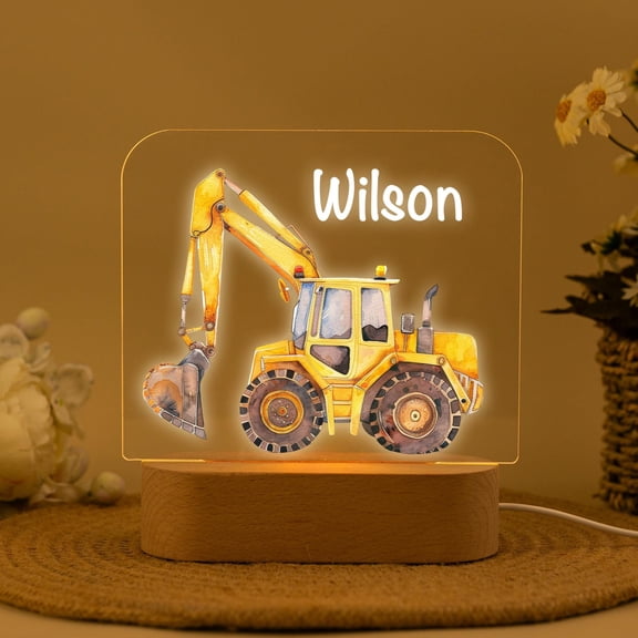 Construction Excavator Design Custom Table Lamp Acrylic Board Wooden Base Nursery Decor Birthday Gift Bedside Light