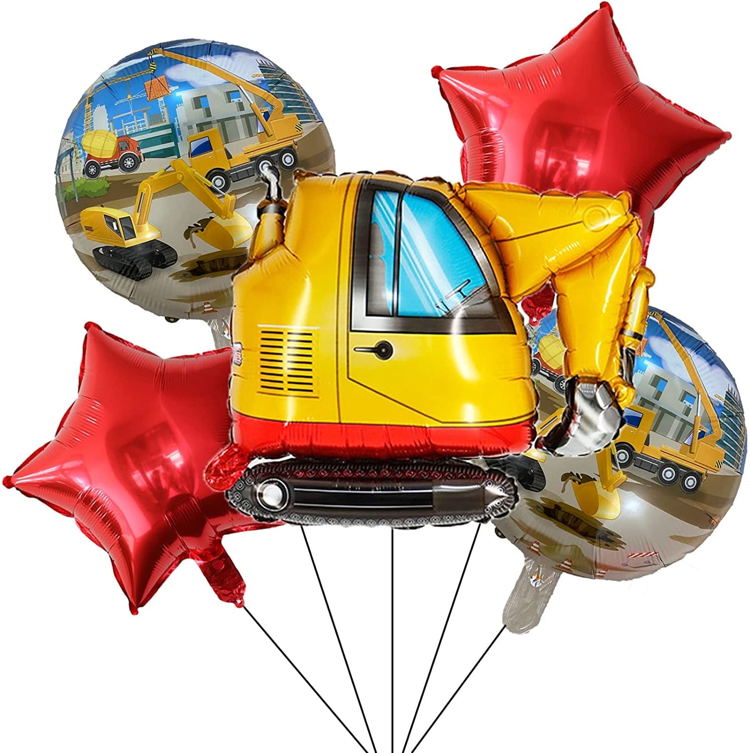 Construction Excavator Happy Birthday Balloon Set - Red Star Balloons, Construction Theme Balloons | Birthday Party Decorations