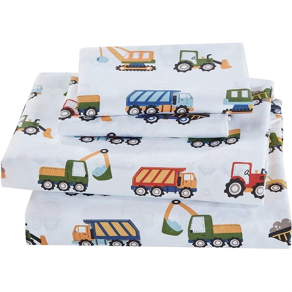 Construction Excavators Dumping Trucks Tractors Light Blue Red Yellow Dark Blue Sheet Set for Boys/Teens Bedroom New (Twin)