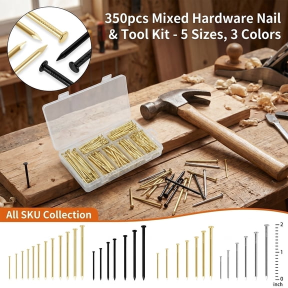 Construction Fastener Hardware, 350 Pcs 5-Specification Golden Picture Frame and Wall Hanging Nail Kit, Multi-Size Trim and Deck Nail Pack with Included Practical Hand Tools,