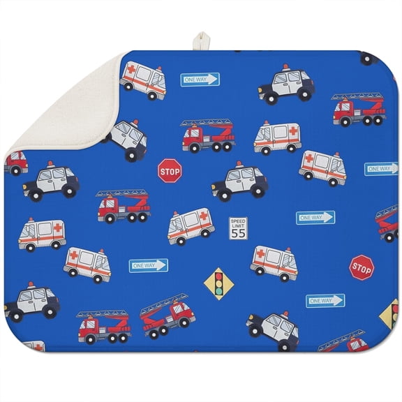 Construction and Firefighter Truck Coffee Mat – Absorbent Microfiber Spill Mat with Tractor and Cartoon Car Designs, Lightweight Dish Drying Pad for Kids’ Rooms