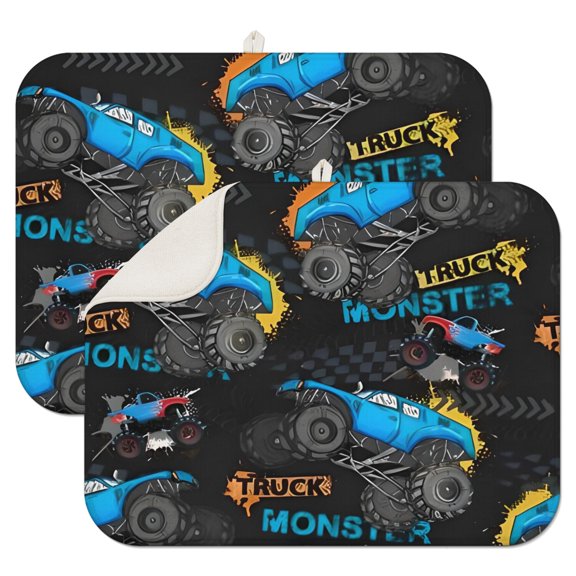 Construction and Firefighter Truck Coffee Mat – Absorbent Microfiber Spill Mat with Tractor and Cartoon Car Designs, Lightweight Dish Drying Pad for ’ Rooms