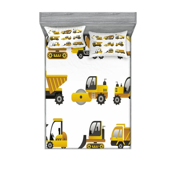 Construction Fitted Sheet & Pillow Sham Set, Illustration of Big Vehicles Pattern Engineering Building Theme, Decorative Printed 6 Piece Bedding Decor Set, Full, Yellow Grey White, by Ambesonne