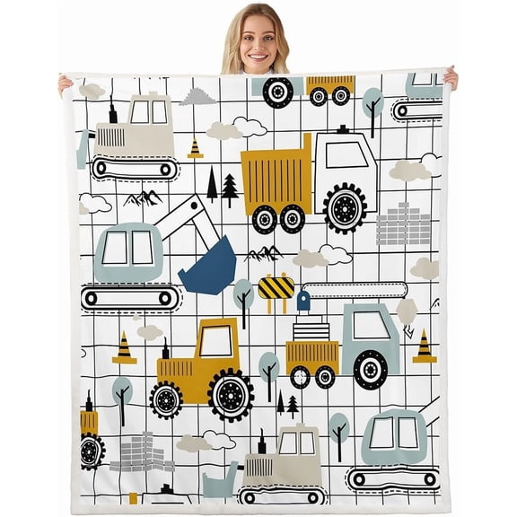 Construction Fleece Blanket Baby 30"x40" Users Excavator Tractor Teenagers Plush Blanket Cartoon Car Equipment Trucks Plaid Grid Sherpa Blanket Construction Vehicles WhiteFuzzy Blanket