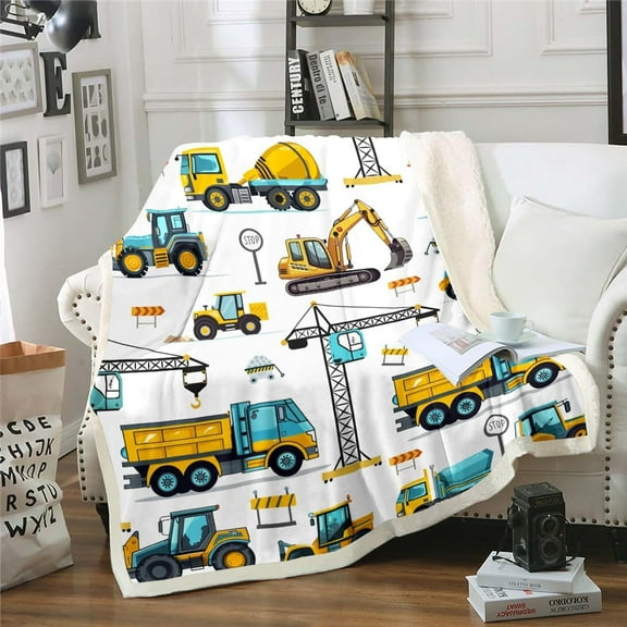Construction Fleece Throw Blanket for Kids Boys Excavator Truck Blanket Throw Baby 30"X40" Cartoon Car Toddler Bed Blanket Soft Warm,Tractor Vehicle Sherpa Flannel Blanket Yellow Blue