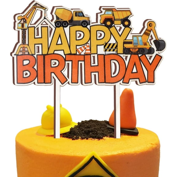 Construction Happy Birthday Cake Topper Engineering Vehicle Cake Pick, Truck Excavator Forklift Themed Birthday Party Decorations Supplies