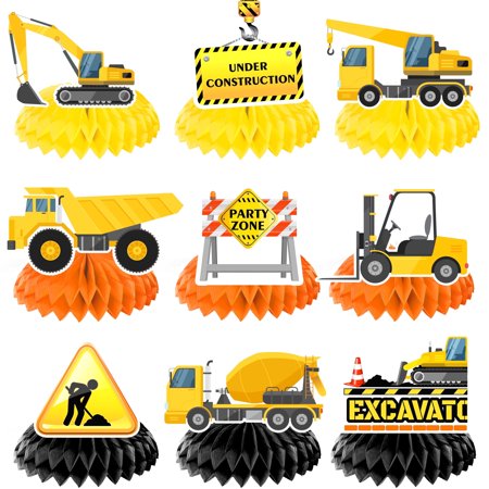 Construction Honeycomb Centerpieces,9pcs Construction Party Centerpieces,Construction Truck Honeycomb Centerpieces & Excavator Honeycomb Decoration,for Construction Birthday Party Supplies Decoration