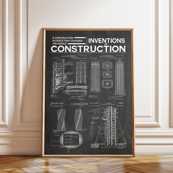 Construction Inventions Patent Architect Blueprint Poster, Striking Decorative Theme For Dorm Room, Office And Home Decor