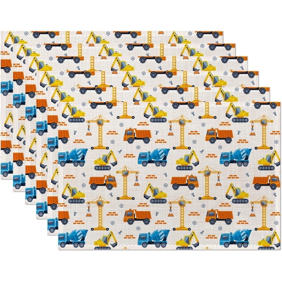 Construction Machines Placemats,Tractor Table Mats Set of 6,12x18 Inch,Waterproof Oil-Proof Washable and Reusable Linen placemats Holiday Party Kitchen Table Decorations