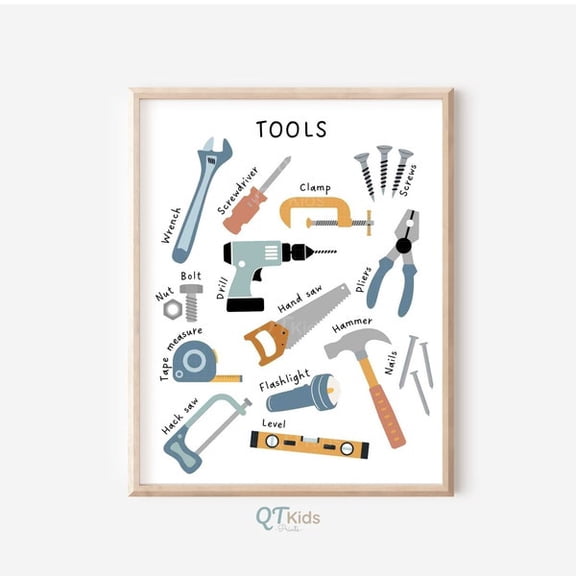 Construction Nursery Print, Toddler Boy Playroom Decor, Hand Tools, Mechanics, Montessori Home School Educational Poster,, Unframed Paper Poster 8x10in