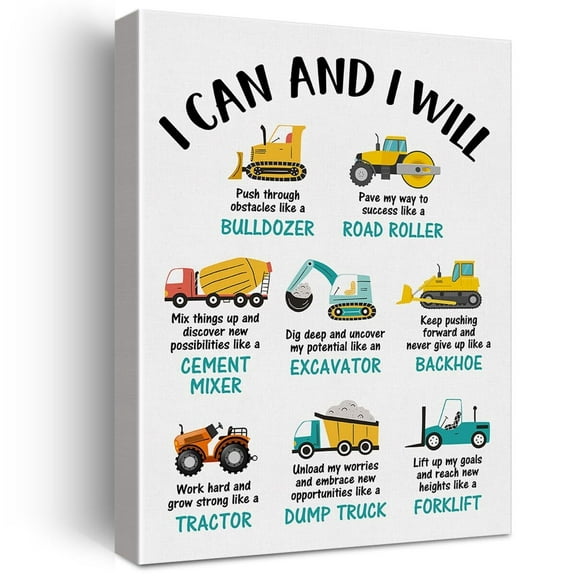 Construction Nursery Wall Art Decor poster Construction Trucks Positive Affirmations Canvas Print Painting Picture Wall & Tabletop Playroom Decoration