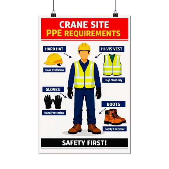Construction PPE Safety Poster Crane Site Requirements for Hard Hats High Vis Vests Protective Boots Wall Decor Poster