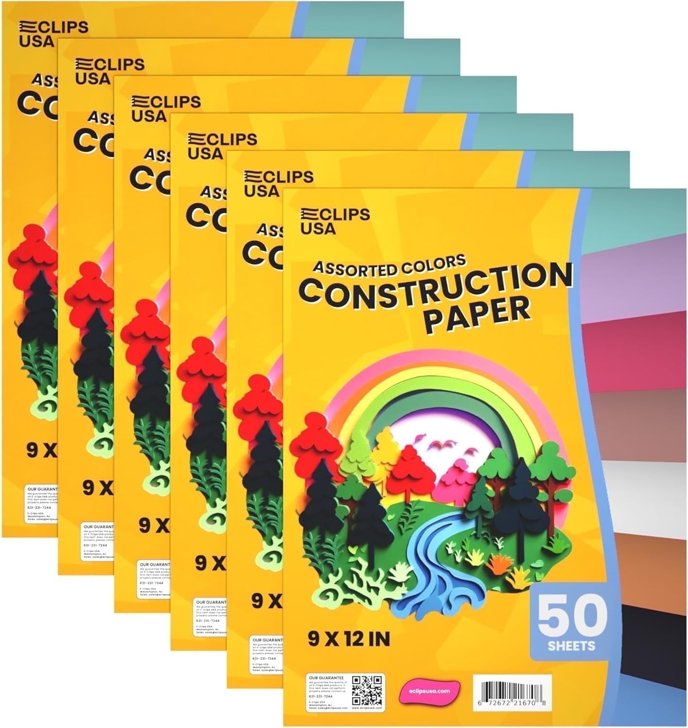 E-Clips USA 72-Sheet Construction Paper Book, Assorted Color Art Paper, 9” x 12”, 6-Pack