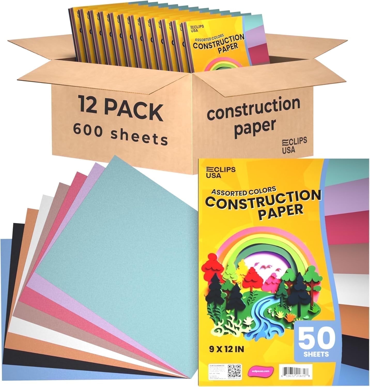 E-Clips USA 72-Sheet Construction Paper Book, Assorted Color Art Paper, 9” x 12”, 12-Pack